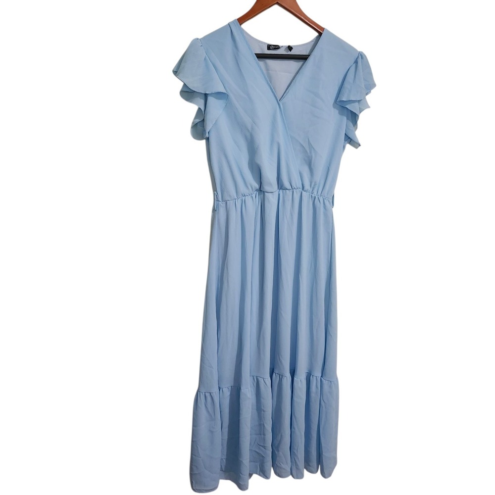 PRETTYGARDEN Pale Powder Blue Summer Wrap Ruffle Sleeve Tiered Midi Dress Medium